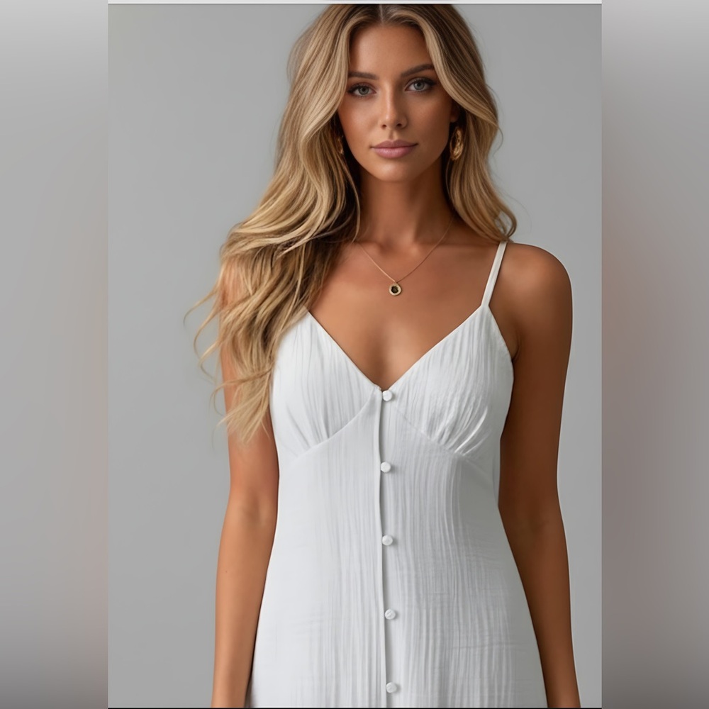 LAST ONE 🔥Button Cami Shirred Back Maxi Dress White - Picture 2 of 9